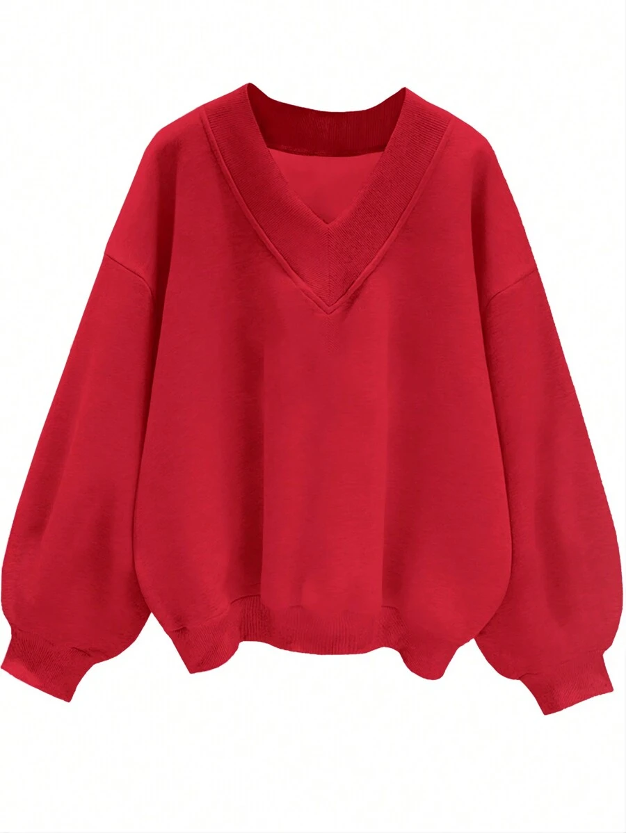 SHEIN EZwear 女士休闲超大V领宽松运动衫,红色,适合秋冬季 - 紅色 - 查看 1