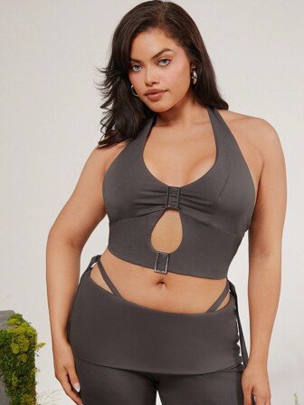 evoluSHEIN X Anitta Jheni Designer Plus Size Women's Summer Solid Color Ruched Hollow Out Slim Fit Halter Top, Holiday, Going Out, Festival