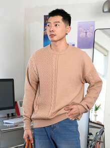 Manfinity Homme Men's Casual Textured Color Block Knit Sweater, Spring & Autumn , Apricot Sweater