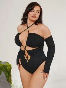 evoluSHEIN X Anitta RAUL OROZCO Designer Plus Backless Cross Straps Halter Bodysuit, Holiday, Spring & Summer, Festival