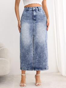 SHEIN LUNE 女式简约前扣口袋开衩休闲牛仔半身裙 - 藍色 - 查看 1