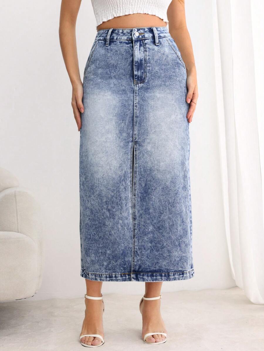 SHEIN LUNE 女式简约前扣口袋开衩休闲牛仔半身裙 - 藍色 - 查看 1