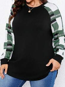 SHEIN LUNE Áo thun nữ cỡ lớn cổ tròn tay dài kẻ caro, kiểu dáng thường ngày, thích hợp cho mùa xuân và hè. - Màu xanh lá cây đậm - Xem 3