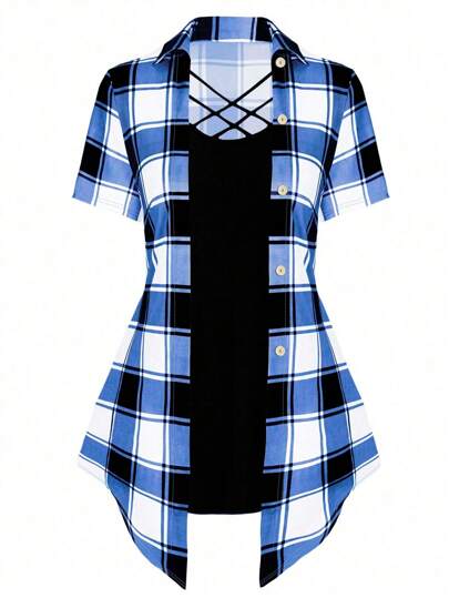 Plus Size Women's Plaid Printed Criss-Cross Neck Long T-Shirt For Summer Graphic Tees Women Tops