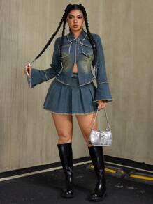 SHEIN ICON Plus Size Zip-Up Frayed Denim Jacket With Long Sleeves, Fashion Street Style - Blue - View 6