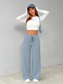 SHEIN PETITE Women's Striped & Printed Casual Holiday Style Long Pants - Blue - View 5