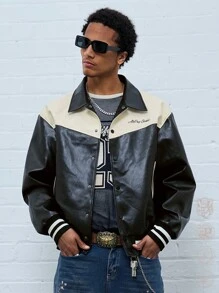 Manfinity VCAY Men's Embroidery Loose Collar Long Sleeve Woven Jacket, For Fall Winter - Black - View 1