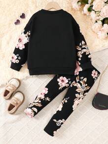 SHEIN Bộ 2 chiếc áo len dài tay in hoa và quần dài, thoải mái thường ngày cho bé gái - màu đen - Xem 2
