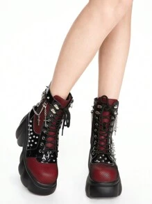 ROMWE Grunge Punk Gothic Punk Chain Spiked Platform Short Boots For Halloween Fall For Christmas And New Year Holiday Valentines Spring Shoes