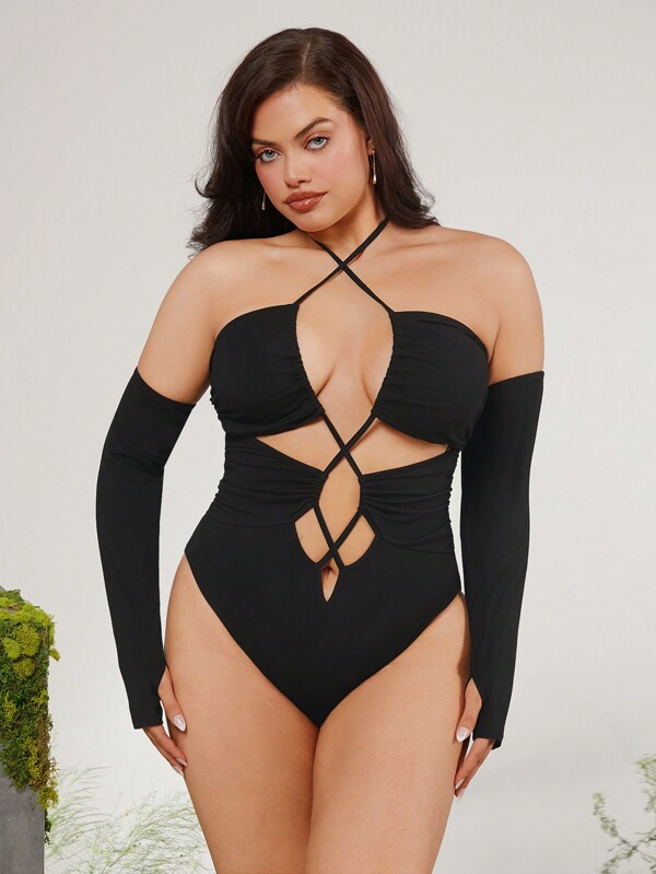 evoluSHEIN X Anitta RAUL OROZCO Designer Plus Backless Cross Straps Halter Bodysuit, Holiday, Spring & Summer, Festival