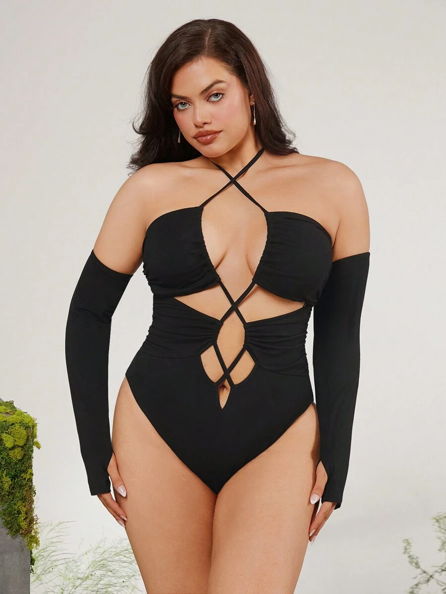 evoluSHEIN X Anitta RAUL OROZCO Designer Plus Backless Cross Straps Halter Bodysuit, Holiday, Spring & Summer, Festival