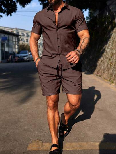 Manfinity Homme Men's Button Short Sleeve Casual T-Shirt And Drawstring Shorts Set