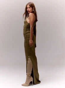 MUSERA 单袖褶皱修身长款连衣裙，优雅度假春夏长裙，适合复活节、婚礼、毕业典礼、舞会等场合。 - 軍綠色 - 查看 3