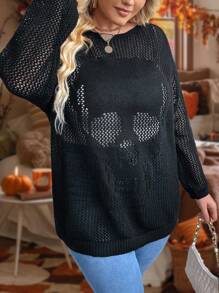 SHEIN CURVE+ Plus Size Cho Nữ Màu Trơn Tối Giản Hàng Ngày Áo Len Dài Tay Rỗng - màu đen - Xem 6