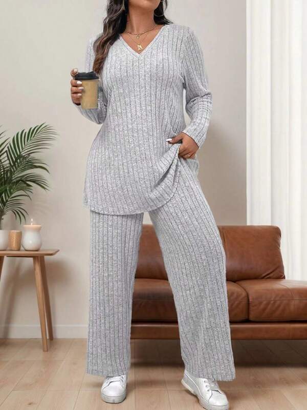 EMERY ROSE Plus Size Solid Color Rib Knit V-Neck Long Sleeve Top And Pants 2-Piece Set, Casual Everyday Wear