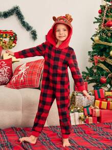 SHEIN Conjunto de pijama de Navidad para niñas, ropa de dormir a juego para fiesta navideña familiar, mono con estampado a cuadros, tela suave y cálida, decoraciones navideñas de otoño e invierno - Rojo - Ver 8