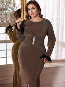 Modelyn Plus Size Elegant Shiny Slit Mermaid Hem Dress, Spring & Fall Clothes