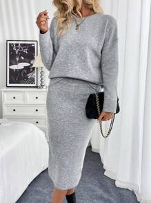 SHEIN Clasi 2 件套女士纯色落肩长袖毛衣和针织裙休闲套装，秋冬 - 灰色 - 查看 3