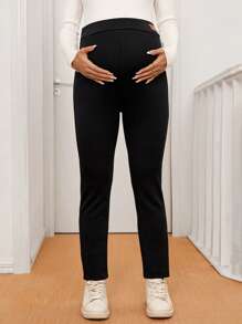 SHEIN Maternity Adjustable Waist Letter Print Casual Leggings - Black - View 5