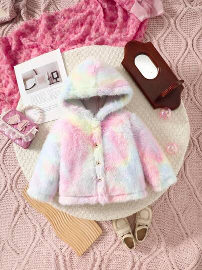 Baby Girl Hooded Button Tie Dye Long Sleeve Cute Fashion Coat, Winter Clothes