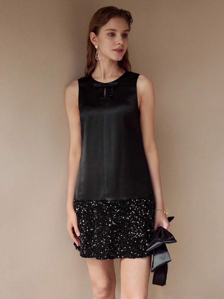SOLID BOW FRONT CONTRAST SEQUIN SHORT DRESS