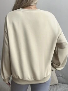 SHEIN Essnce 万圣节衬衫，女士万圣节衬衫，万圣节 T 恤，女士，女士，衬衫，万圣节，南瓜，鬼魂运动衫，万圣节 T 恤，可爱鬼魂衬衫，运动衫，休闲简约鬼魂印花图案宽松圆领长袖女士运动衫，秋冬季 - 杏色 - 查看 2