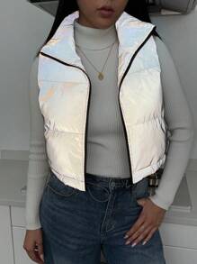 SHEIN Essnce Women's Casual Fashion Winter Warmth Zipper Short Padded Vest Winter Coats Reflective Fabric Winter Coats Fashionable Winter Cold-Proof Jacket Short Zipper Front Padded Coat