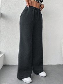 EURMUSE 女士抽绳休闲宽松口袋纯色舒适时尚运动裤 - 深灰色 - 查看 3