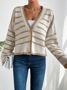EURMUSE Women Striped Drop Shoulder Long Sleeve Cropped Casual Cardigan, Autumn Winter Fall Clothes - Beige - View 3