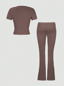 GAOVOT Women's Two Pieces Spring/Summer Home Casual Sports Gym Round Neck Short Sleeve T-Shirt Top And Straight Pant Suit - Coffee Brown - View 10