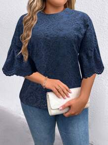 SHEIN Unity Plus Size Women Open Lace Round Neck Flare Sleeve Casual Loose Top, Everyday Wear - Navy Blue - View 3