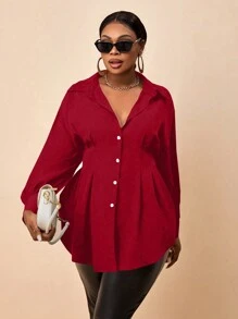 Maweii 大码女式纯色单排扣长袖优雅衬衫，春夏新年衣服女式衬衫 - 紅色 - 查看 4