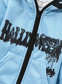 SHEIN 2pcs/Set Baby Boy Street Fashion Letter & Flame Print Hooded Jacket And Pants Outfit, Fall And Winter - Blue - View 7