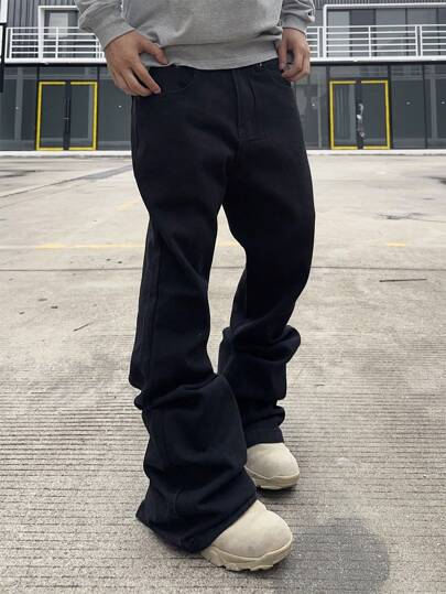 Manfinity EMRG 男士休闲喇叭口袋牛仔裤，纯色修身长款黑色洗水工装牛仔裤，适合送给老公、男朋友的礼物