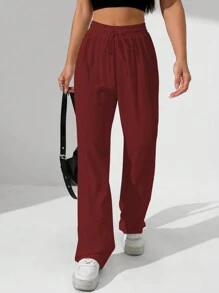SHEIN Unity 女士纯色腰系带直腿宽松休闲裤 - 酒紅色 - 查看 4