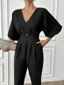 EURMUSE 100% Cotton Women's V-Neck Short Sleeve Fashionable, Graceful And Elegant Black Jumpsuit - Black - View 3