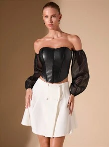 Glamine 女士 PU 皮革人字形网眼露肩优雅衬衫