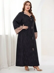 Al Najma 大码女式休闲拼色花卉印花长裙，春/秋季，端庄长袖优雅长款 Jalabiya 阿拉伯连衣裙，适合日常休闲，长袍 - 黑色 - 查看 6