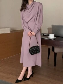 DAZY Vestido de mujer de unicolor con cintura ceñida y hombros caídos, ropa de mujer de otoño