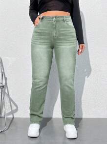 SHEIN ICON 大码女式直筒宽松休闲牛仔裤，带口袋 - 軍綠色 - 查看 5