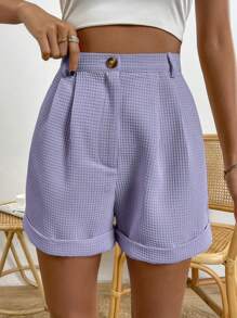 Chiquease Women's Solid Color Waffle Textured Pleated Cuff Relaxed Casual Shorts - Mauve Purple - View 6