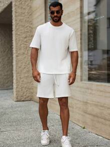Manfinity Homme 2pcs Men's Casual Solid Color Round Neck Short Sleeve Top And Drawstring Shorts Set - White - View 3