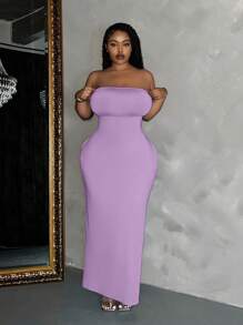 Slaydiva Đầm Maxi Ống Ôm Sát Màu Trơn Thanh Lịch Thường Ngày Cỡ Lớn Cho Nữ - Màu tím - Xem 5