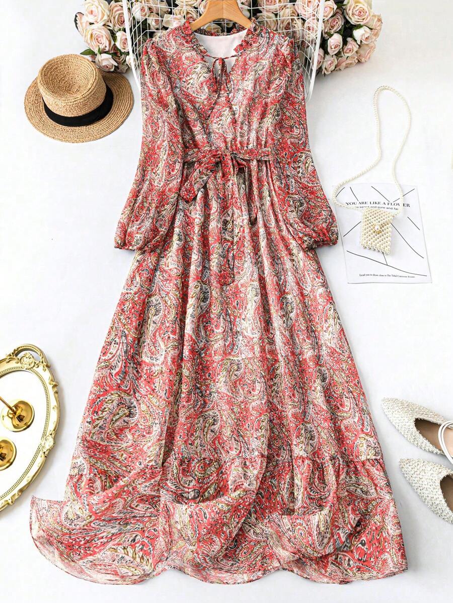 Mulvari 大码女式印花荷叶边系带灯笼袖优雅连衣裙 - 亮橙色 - 查看 1