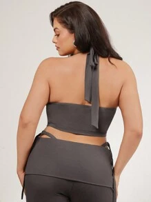 evoluSHEIN X Anitta Jheni Designer Damen Große Größen Sommer einfarbiges gerafftes Cut Out Design Slim Fit Neckholder Top, Urlaub, Ausgehen, Festival - Grau - Übersicht 2