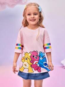 SHEIN X Care Bears Camiseta de manga corta holgada con estampado degradado de oso de dibujos animados y arcoíris, diseño joven y casual para niña, ideal para verano, vacaciones, Año Nuevo, Acción de Gracias