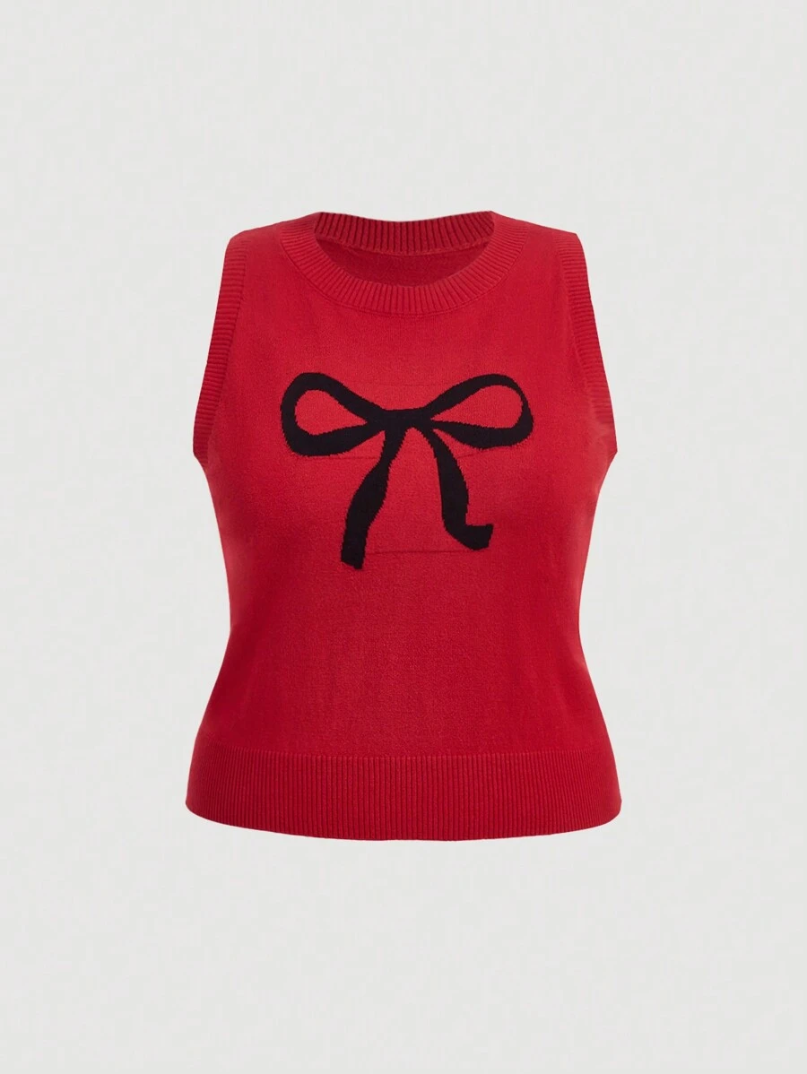 SHEIN MOD Pulover de damă, fără mâneci, din tricot jacquard, cu fundă neagră pe fundal roșu, stil retro