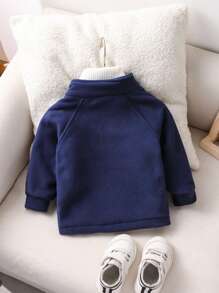 1 pièce Veste à col montant et zip pour bébé garçon en polaire, avec lettres et poches, porter décontracté pour l'extérieur, chaud pour l'automne/l'hiver - Bleu marine - Voir 2