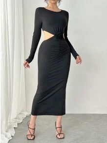 Chiquease 25 piezas o talla grande Vestido casual elegante y sexy con diseño floral 3D sin espalda para fiesta - Negro - Ver 5