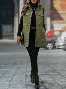 SHEIN LUNE Plus Size Women's Sleeveless Drawstring Buttoned Tank Top Jacket Coat For Winter Clothes